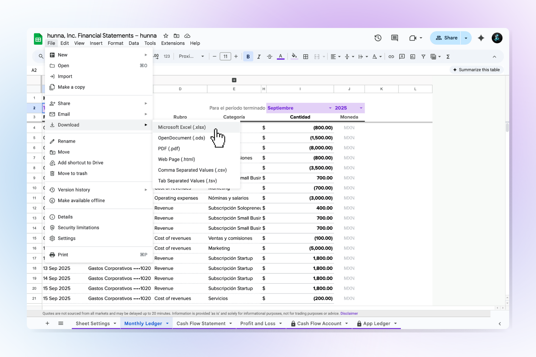 Descarga la chequera como .xlsx, y envíalo a tu contador